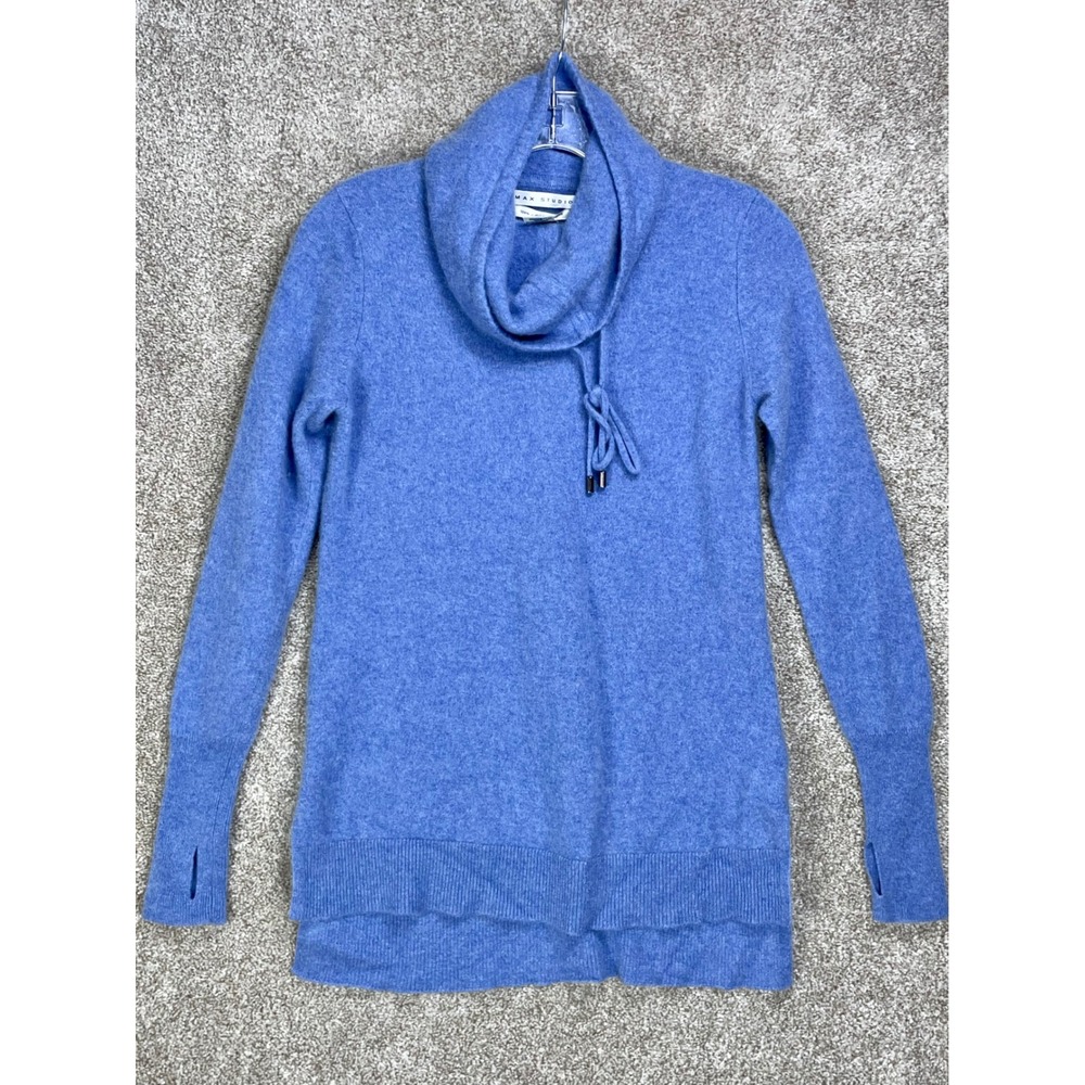 Max Studio 100% Cashmere Cowl Neck Sweater Women Large Blue Thumbhole Cozy Layer